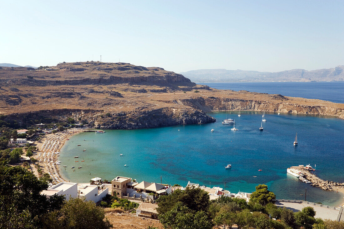 Elevated view of Lindos Bay , Lindos, Rhodes, Greece