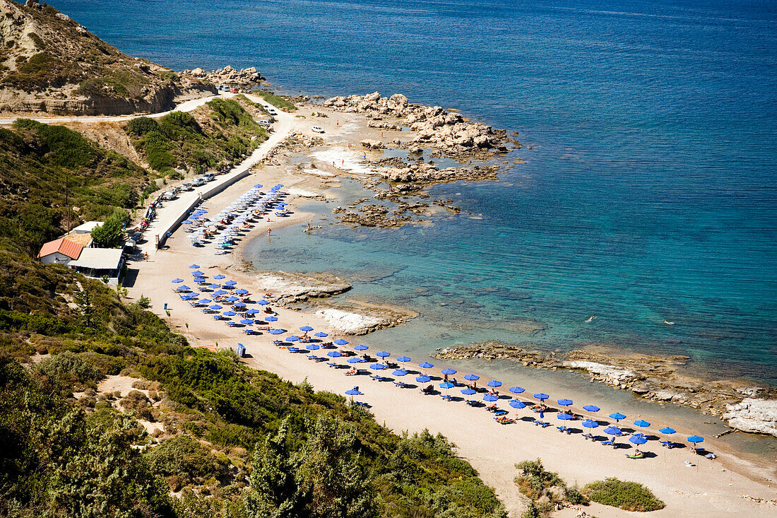 Blick über Faliraki Strand, Faliraki, Rhodos, Griechenland