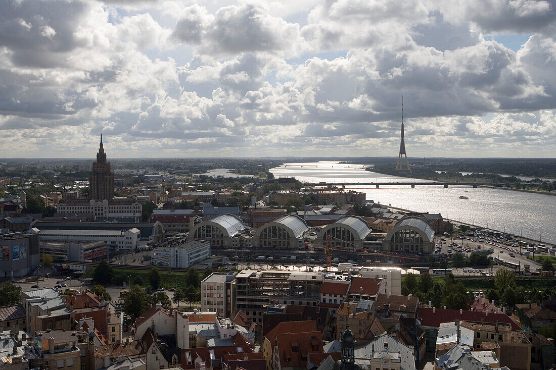 Riga Rooftops and River Daugava, View from Spire of St. John's Church, Riga, Latvia