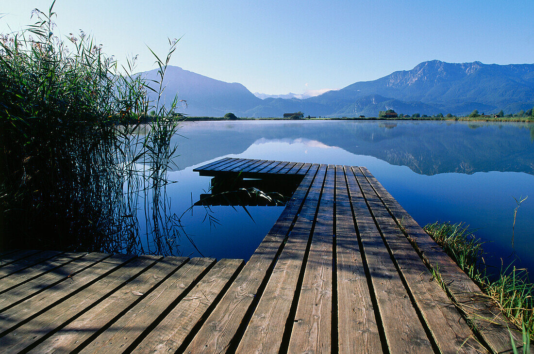 Jetty on Lake Eichsee, Blue Land, Upper Bavaria, Bavaria, Germany