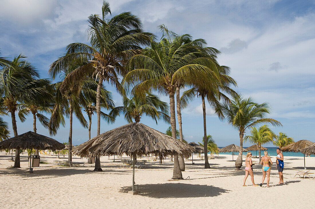Strandschirme und Palmen am Bucuti Beach Resort, Eagle Beach, Aruba, ABC-Inseln, Niederländische Antillen, Karibik