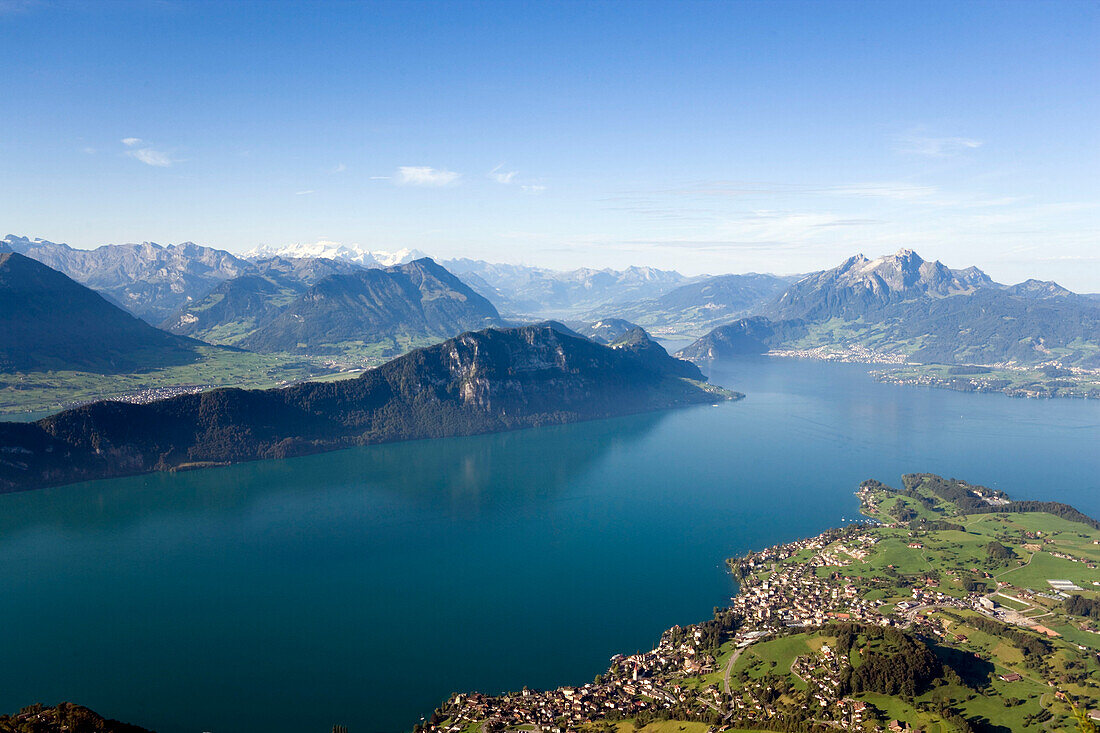 View from vantage point Känzli at mount Rigi (1797 m, Queen of the Mountains) over Lake Lucerne with Weggis, mount Bürgenstock and mount Pilatus (2132 M), Rigi Kaltbad, Canton of Schwyz, Switzerland