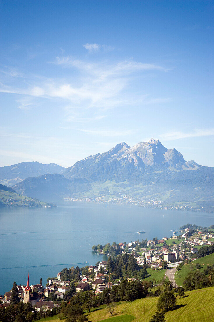 View on Weggis at Lake Lucerne and mountain Pilatus (2132 m) in background, Weggis, Canton of Lucerne, Switzerland