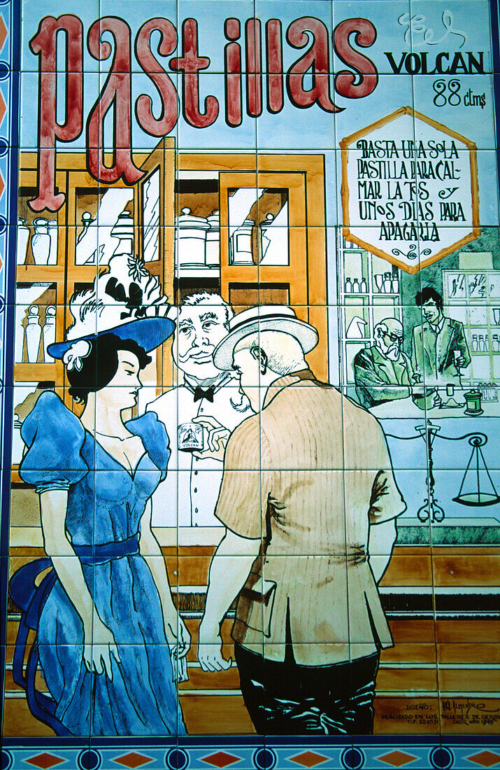 Spain, Cadiz, old fashion advertisment for drugstore, azulejos