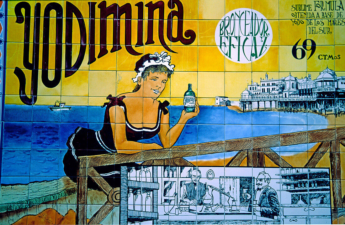 Spain, Cadiz, old fashion advertisment for drugstore, azulejos