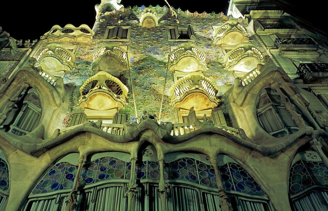 Barcelona,Passeig Gracia,Casa Batllo by Antonio Gaudi,Fassade at night
