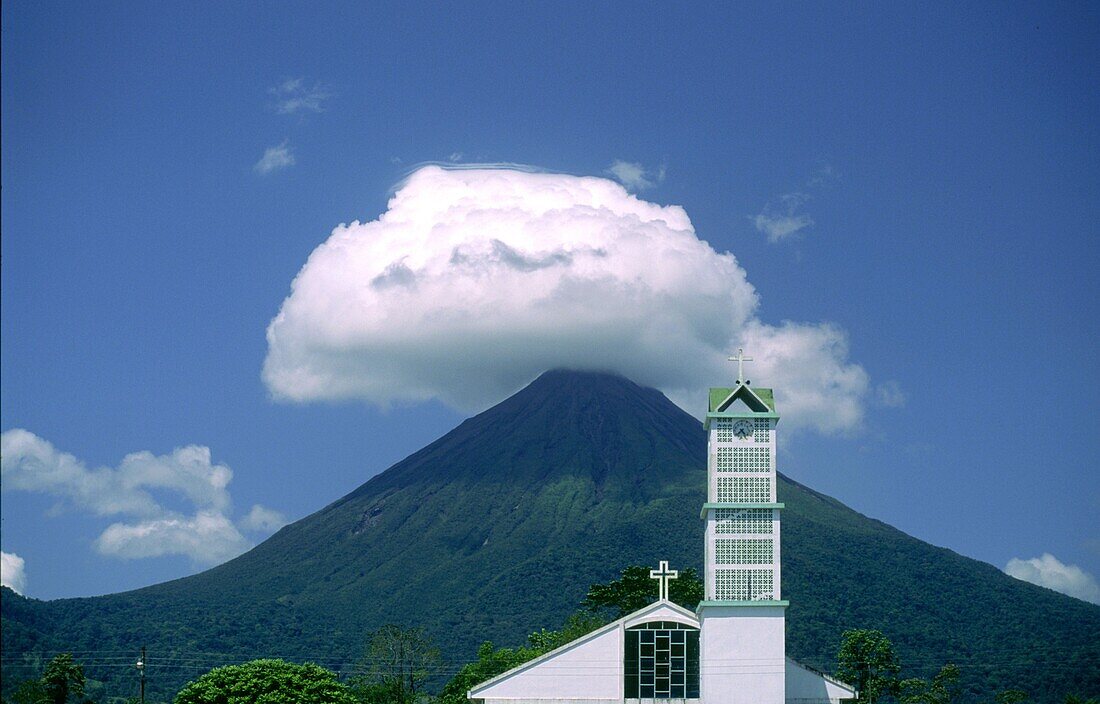 Church in front of active vulcano, Fortuna San Carlos, Costa Rica