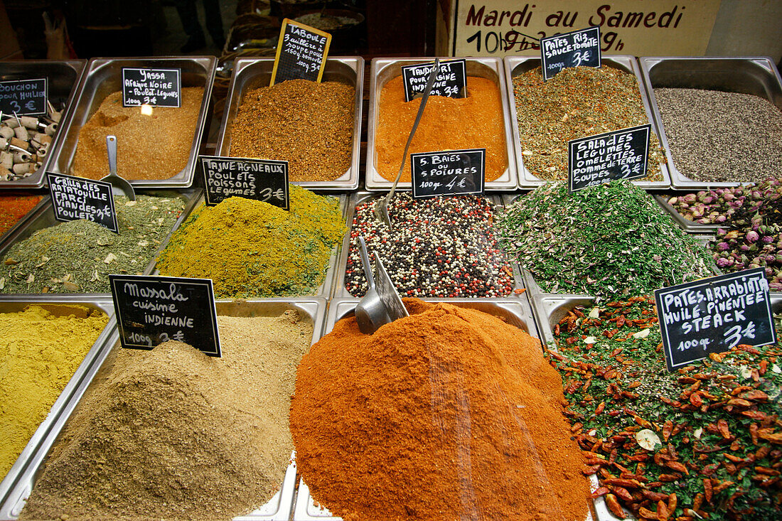 France, Nice, Cours  Saleya, market stall with spices