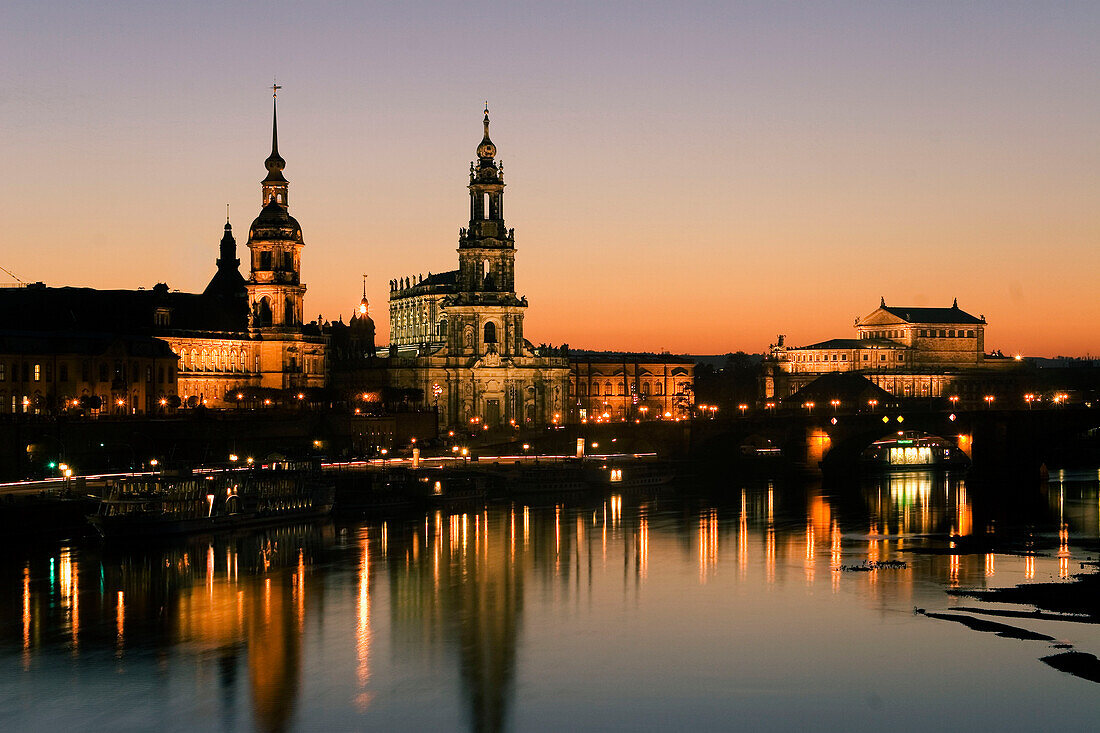 Dresden, panoramic view, river Elbe at sunset