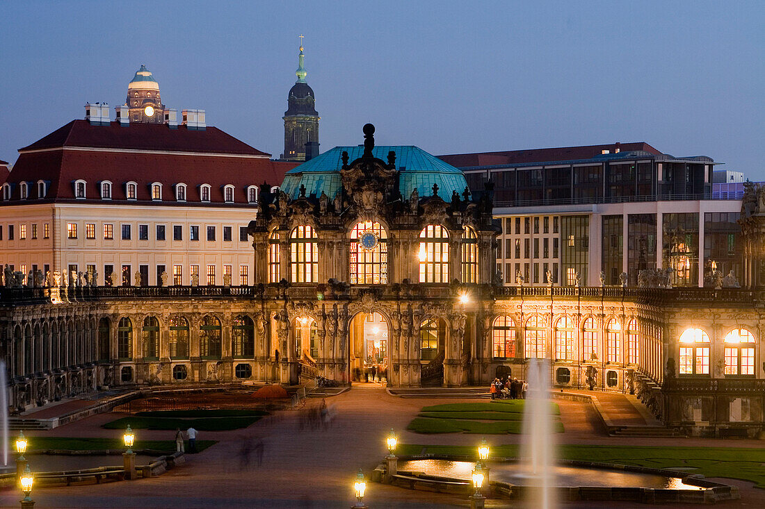 Germany, Dresden, Zwinger, dusk, overview, fountain