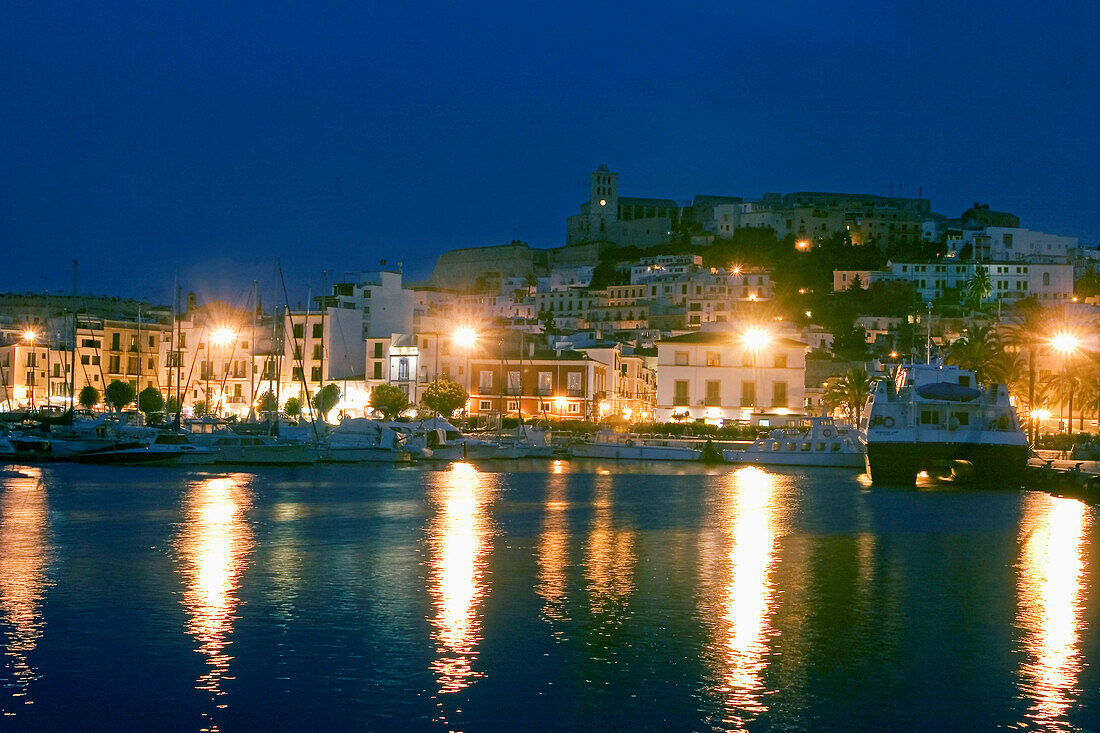 Spain, Baleares island, Ibiza, skyline, marina, twilight