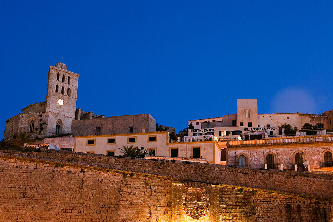 Spain, Baleares island, Ibiza, Dalt vila fortress at night