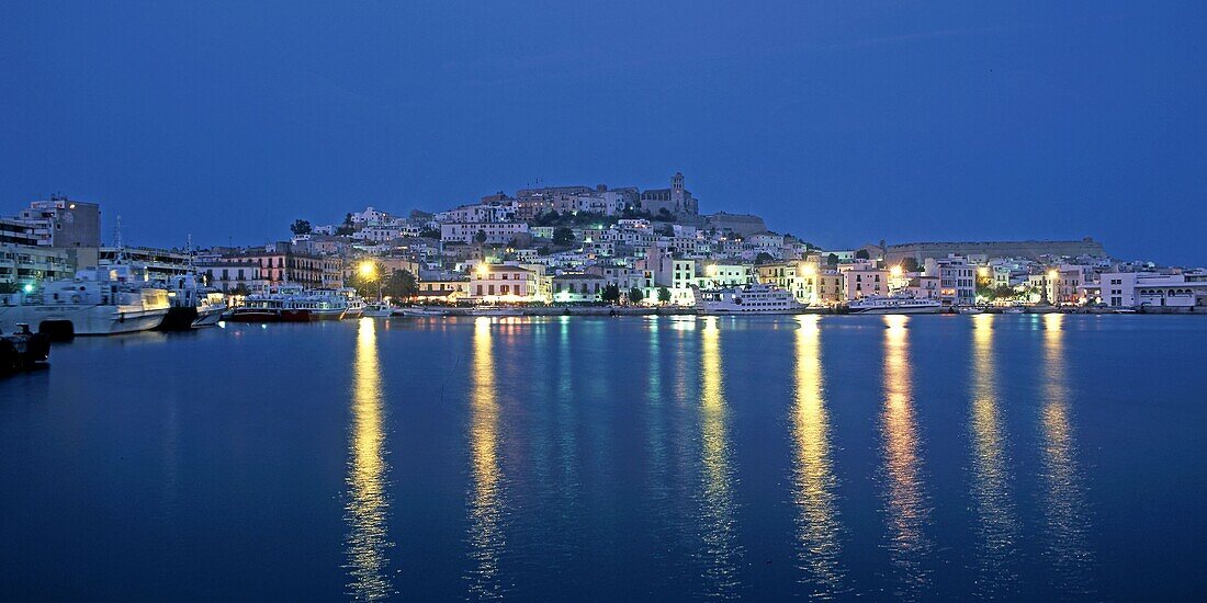 Spain, Baleares island, Ibiza, skyline, marina, twilight, panorama