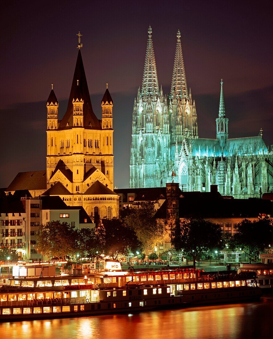 Night over Cologne with cathedral and St. Martin, Cologne, Germany