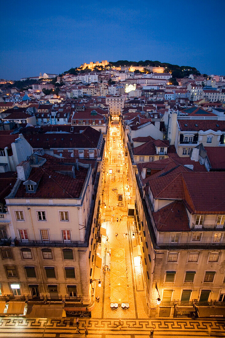 Portugal, Lisbon, Portugal, Lisbon, Portugal, View from Elevator Santa Justa towords Castelo  Sao Jorge at twilight