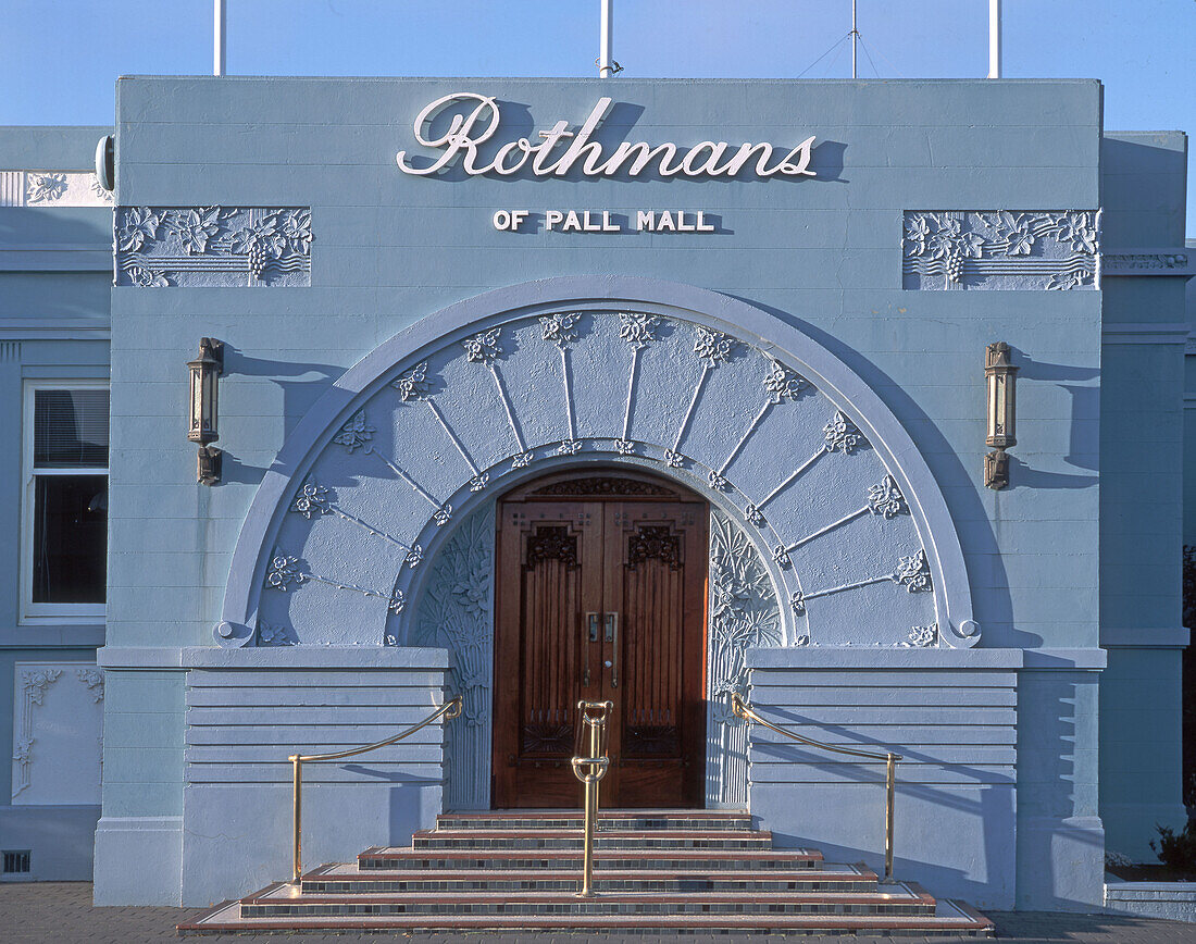 Tabakbetrieb, Eingang, Rothmans of Pall Mall, Kunstgebäude, Napier, Südinsel, Neuseeland