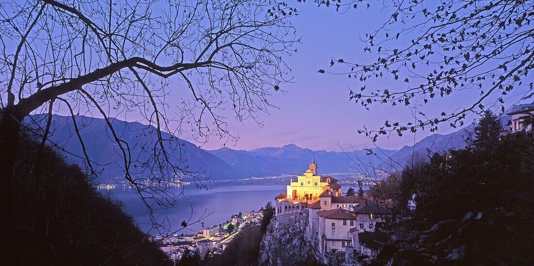 Switzerland, Ticino, Locarno, Lago Maggiore, church Madonna l Sasso, dusk