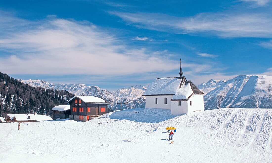 Bettmeralp in Winter, chapel, Wallis, Switzerland