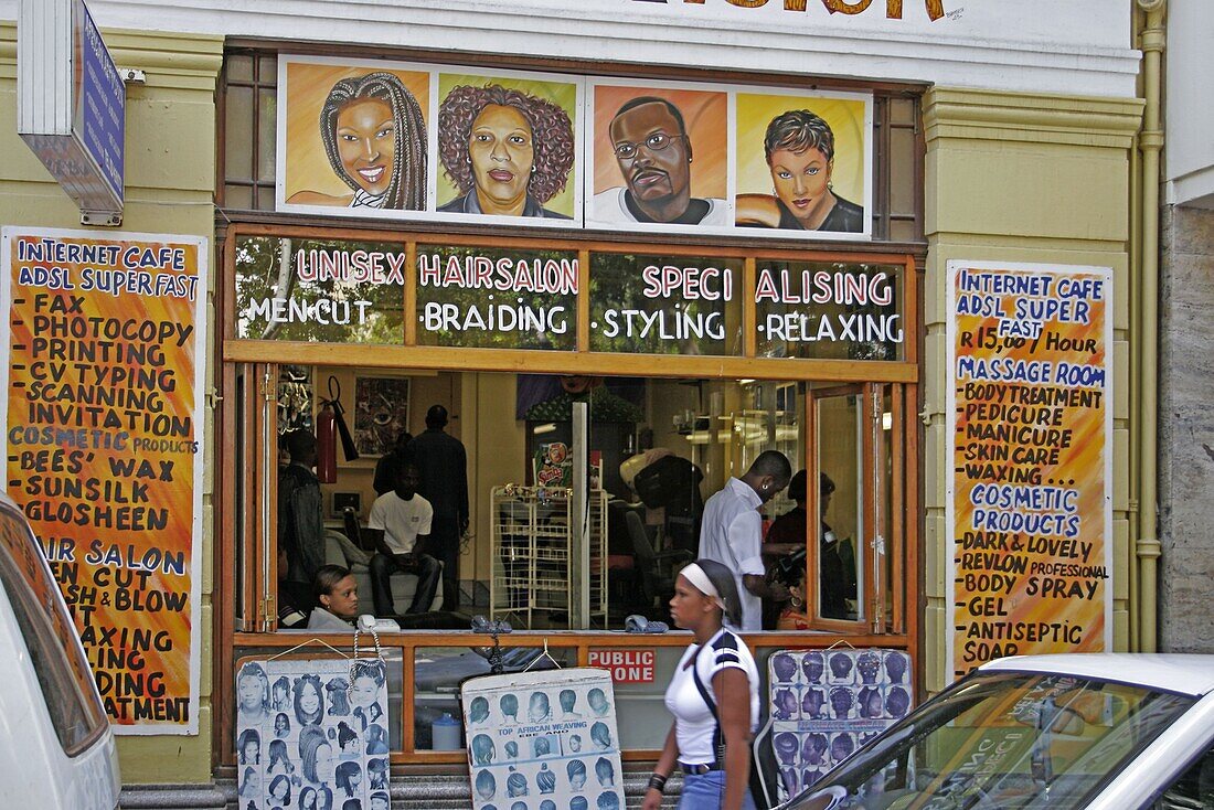 Hairdresser at green market, Capetown, South Africa