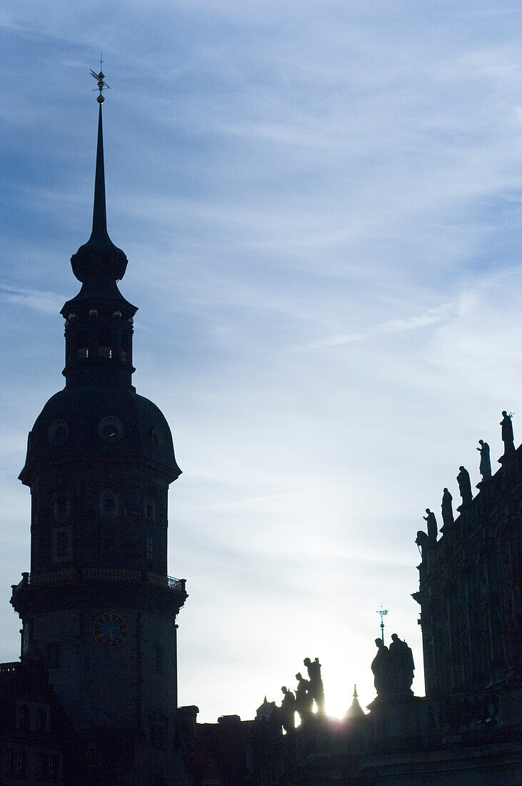 Church tower against bright sky, Dresden, Saxony, Germany