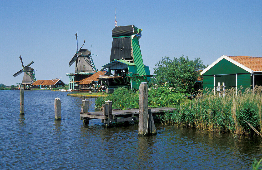 Windmills at Zaanse Schans, open-air museum, Netherlands, Europe