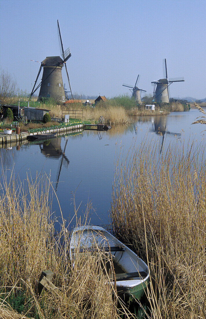 Windmills and a boat in the reed, Kinderdijk, Netherlands, Europe