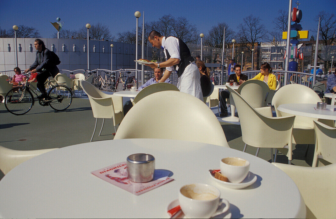 Cafe in front of Groninger Museum, Groningen, Netherlands, Europe