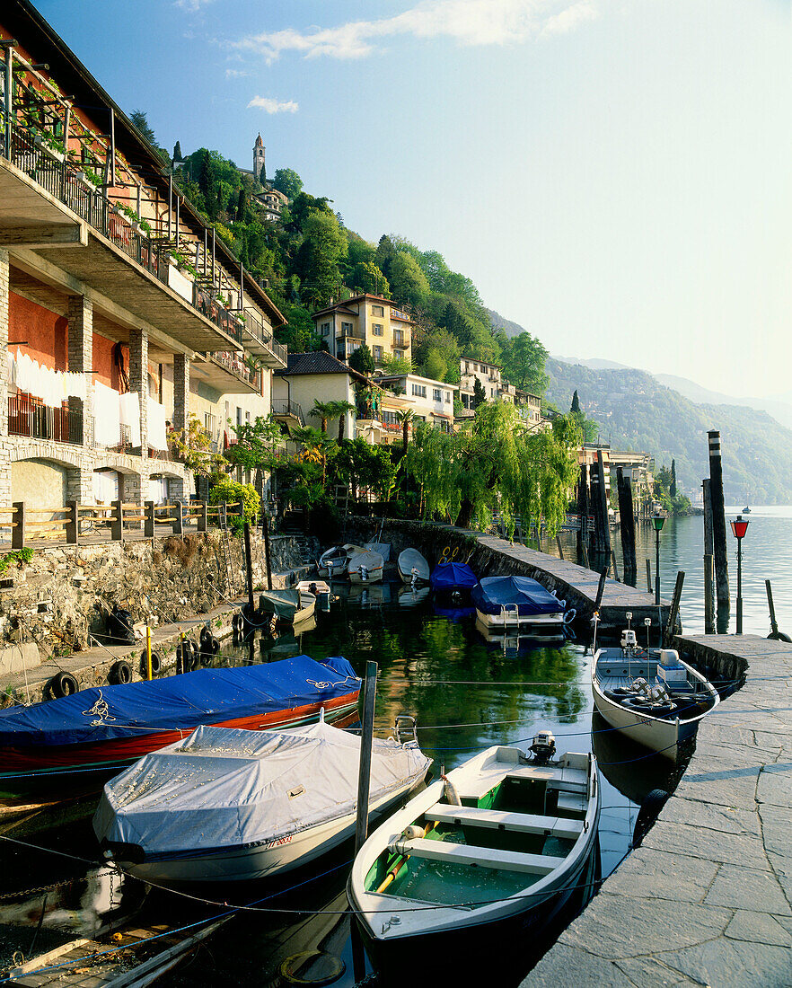Anchoring boats, Ronco sopra Ascona, Lake Maggiore, Ticino, Switzerland