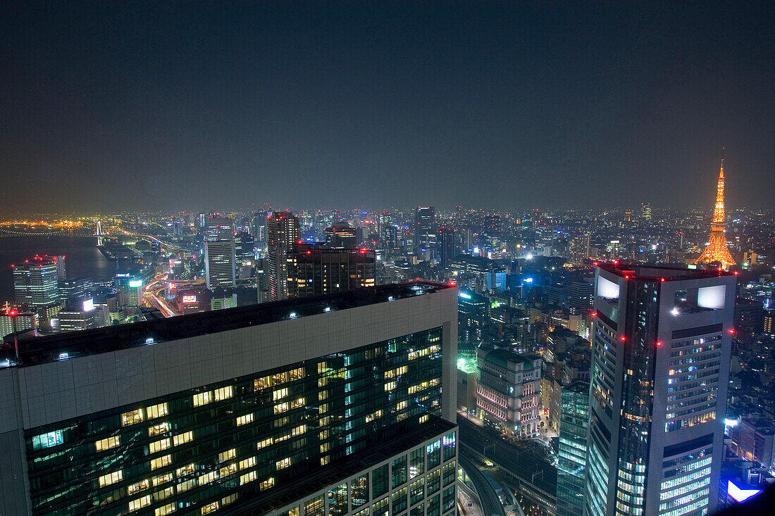 Business Viertel mit Toyko Tower bei Nacht, Tokio, Japan