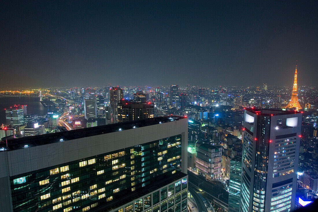 Business district with Tokyo Tower at night, Tokyo, Japan