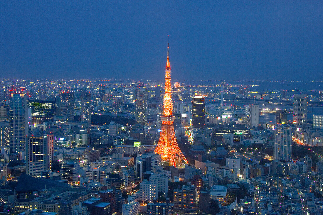 City view and the Tokyo Tower at night, Roppongi Hills, Tokyo, Japan, Asia