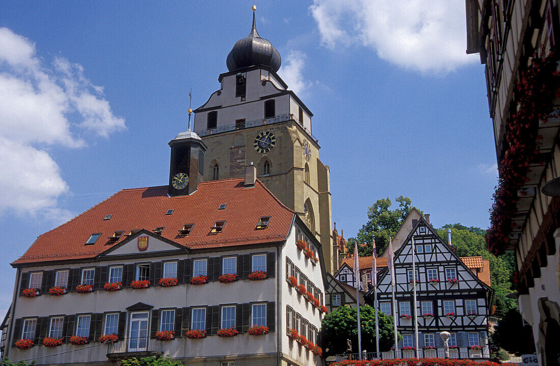 View of market place and Stiftskirche, Herrenberg, Baden-Wuerttemberg, Germany, Europe