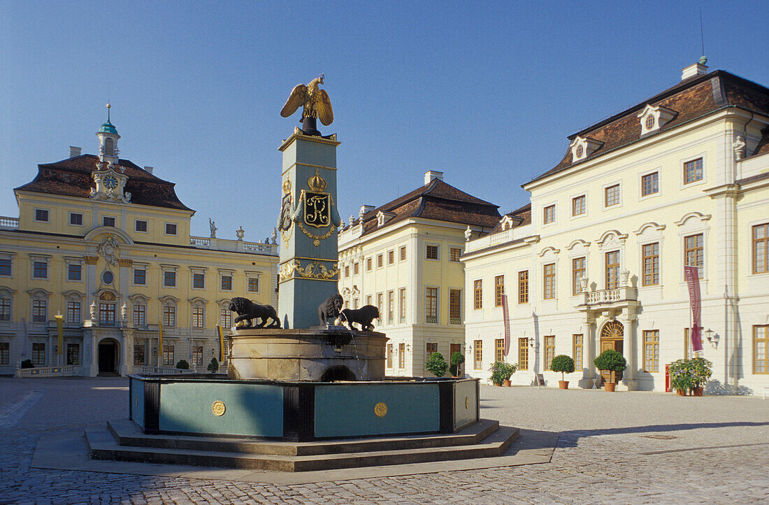 Fountain at the courtyard of the Palace under blue sky, Ludwigsburg, Baden-Wuerttemberg, Germany, Europe