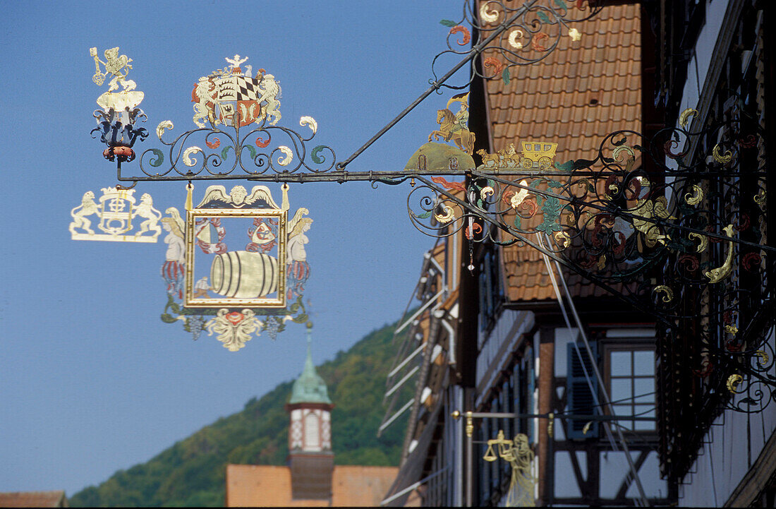 Sign of a restaurant, Bad Urach, Baden-Wuerttemberg, Germany