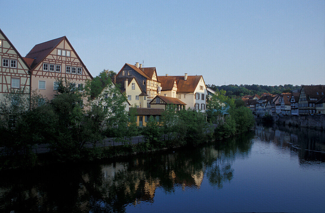 View over Kocher River to Old Town, Schwaebisch Hall, Baden-Wuerttemberg, Germany