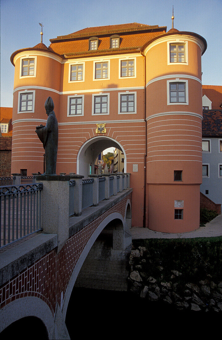 View at bridge and gate Rieder Tor, Donauwoerth, Bavaria, Germany, Europe