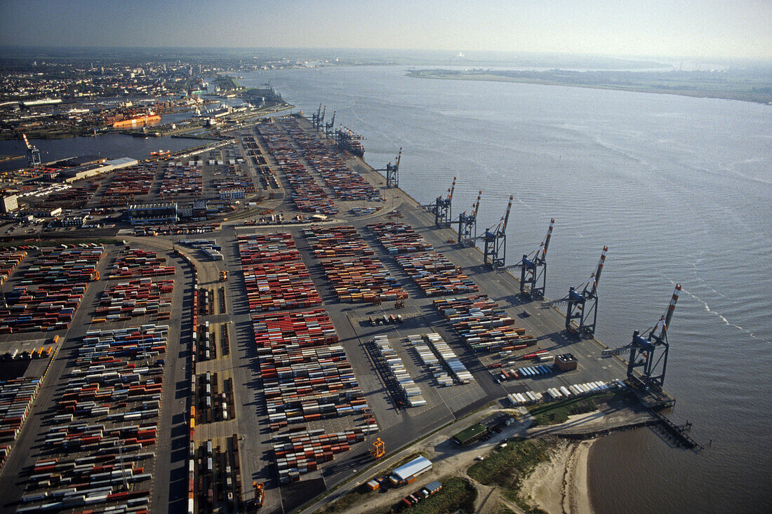 aerial photo of Bremerhaven, container port at the Weser river mouth