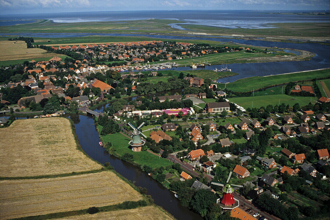 Twin windmills, Greetsiel, East Frisia, Lower Saxony, Germany