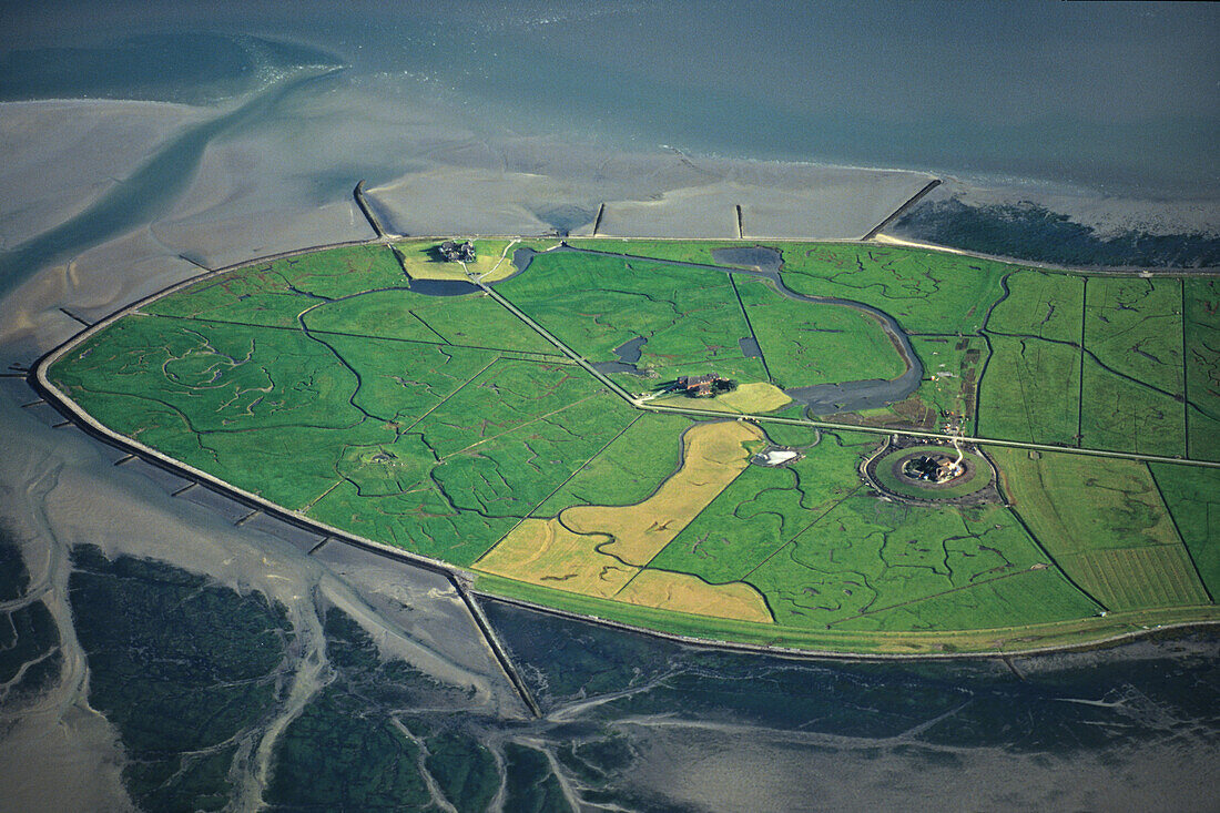 aerial photo of the North Frisian island Hallig Hooge in the North Sea, federal state of Schleswig Holstein, northern Germany