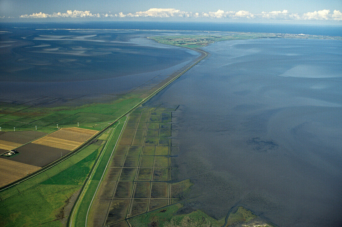 aerial photo of Hindenburgdamm causeway, rail, North Frisian island, Sylt, Schleswig Holstein, North Sea, Germany