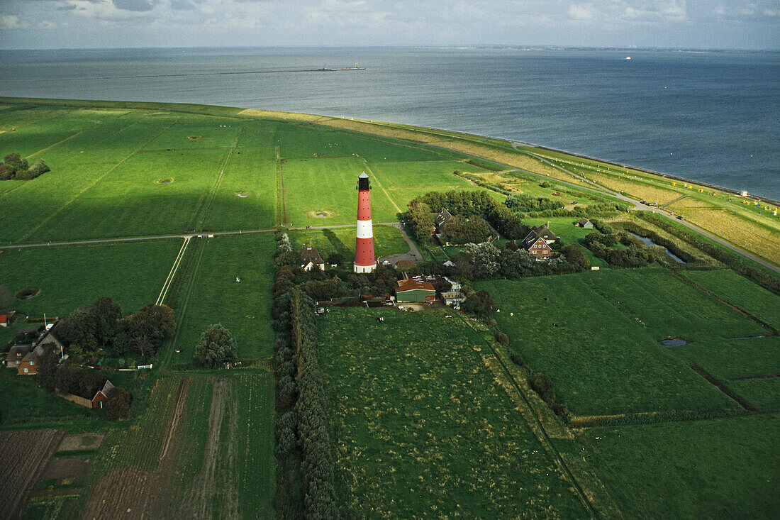 aerial photo of Pellworm lighthouse, North Frisian island, Wadden Sea, federal state of Schleswig Holstein, coast of northern Germany