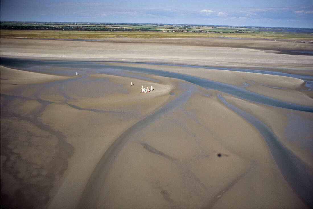 aerial photo, low tide, sand yachts, sandbank, mudflats, sandflat, Wadden Sea, North Sea, Schleswig Holstein, northern Germany