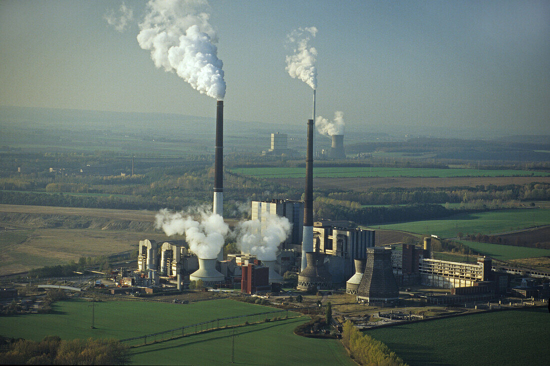 aerial photo of coal fired power plant and open mine at Offleben in Lower Saxony, northern Germany