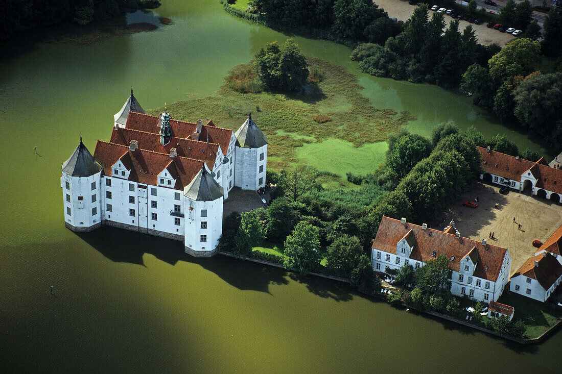 aerial photo of Schloss Glücksburg, renaissance, castle near Flensburg, the coast of Baltic Sea, Schleswig Holstein, northern Germany