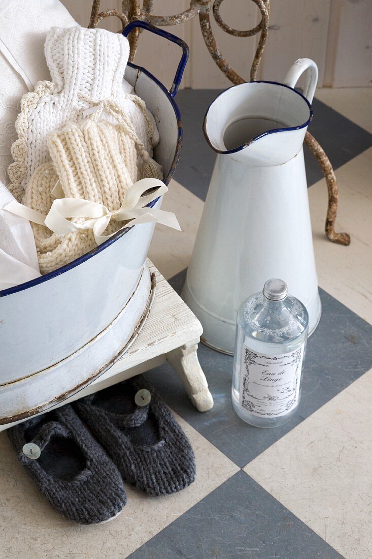 Country style wash basin set on a checker board pattern floor