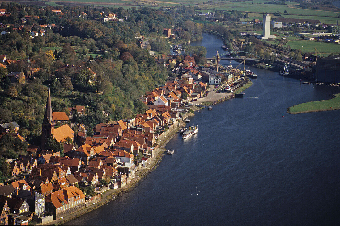aerial photo of the river Elbe and Lauenburg in Schleswig-Holstein, northern Germany