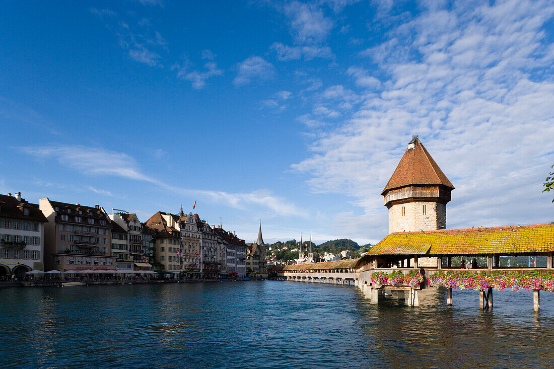Reuss river with chapel bridge, the oldest covered bridge in Europe, and water tower, Lucerne, Canton Lucerne, Switzerland