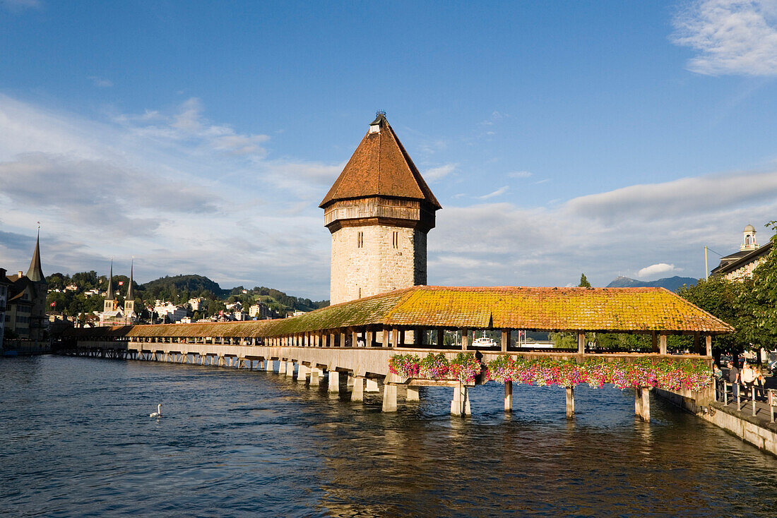 Reuss river with chapel bridge, the oldest covered bridge in Europe and water tower, Lucerne, Canton Lucerne, Switzerland