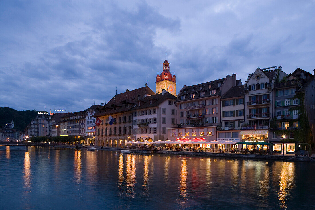 Reuss Rathausquai with City Hall at night, Lucerne, Lake Lucerne, Switzerland