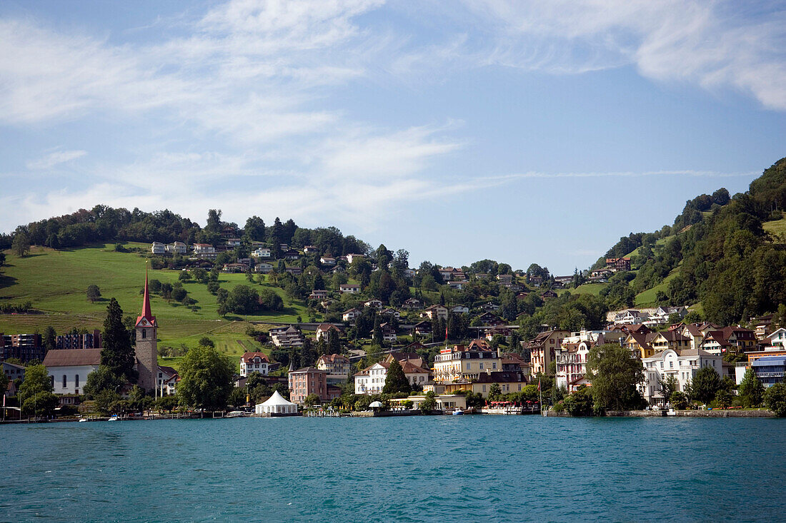 View over Lake Lucerne to Weggis with Hotel Beau-Rivage, Canton of Lucerne, Switzerland